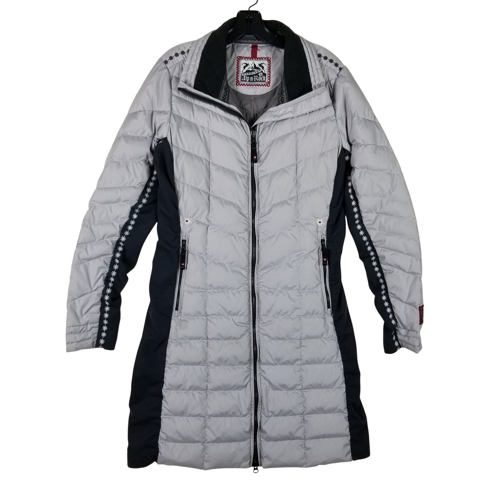 Alp-n-Rock Puffer Coat Women Size 4 Grey Black Down Fill Embroidered Alpine Luxe